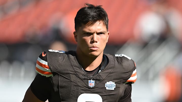 Sep 7, 2025; Cleveland, Ohio, USA; Cleveland Browns quarterback Dillon Gabriel (8) at Huntington Bank Field. Mandatory Credit: Ken Blaze-Imagn Images