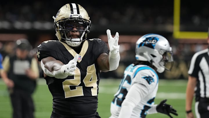 Dec 14, 2025; New Orleans, Louisiana, USA; New Orleans Saints running back Devin Neal (24) reacts during the second quarter against the Carolina Panthers at Caesars Superdome. Mandatory Credit: Matthew Hinton-Imagn Images