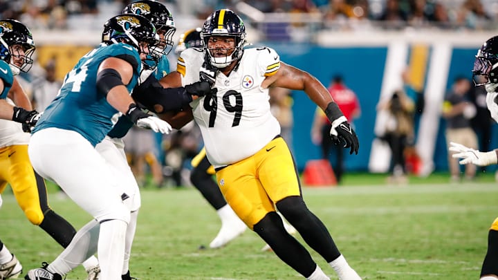 Aug 9, 2025; Jacksonville, Florida, USA; Pittsburgh Steelers defensive tackle Derrick Harmon (99) rushes the passer against the Jacksonville Jaguars during a preseason game at EverBank Stadium. Mandatory Credit: Travis Register-Imagn Images Aug 9, 2025; Jacksonville, Florida, USA; Pittsburgh Steelers defensive tackle Derrick Harmon (99) rushes the passer against the Jacksonville Jaguars during a preseason game at EverBank Stadium. Mandatory Credit: Travis Register-Imagn Images