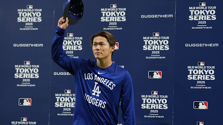 Bunkyo, Tokyo, JPN; Los Angeles Dodgers starting pitcher Yoshinobu Yamamoto (18) tips his cap to the fans after a press conference after defeating the Chicago Cubs during the Tokyo Series at Tokyo Dome. Bunkyo, Tokyo, JPN; Los Angeles Dodgers starting pitcher Yoshinobu Yamamoto (18) tips his cap to the fans after a press conference after defeating the Chicago Cubs during the Tokyo Series at Tokyo Dome.