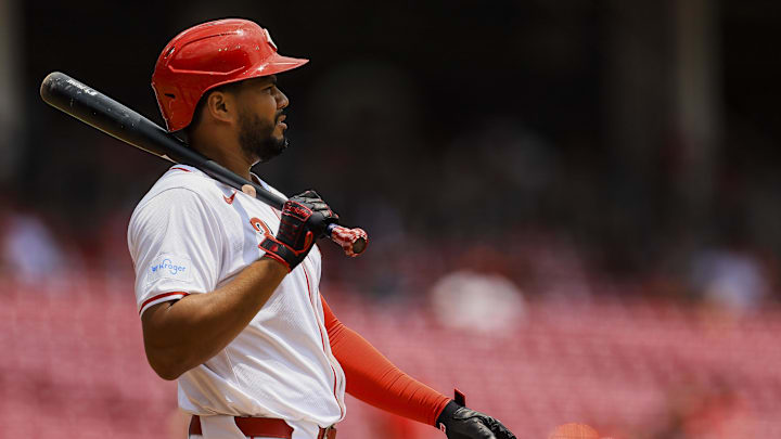 Jul 11, 2024; Cincinnati, Ohio, USA; Cincinnati Reds first baseman Jeimer Candelario (3) at bat in the first inning against the Colorado Rockies at Great American Ball Park. Mandatory Credit: Katie Stratman-Imagn Images