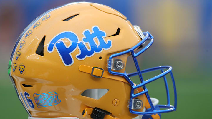 Nov 16, 2024; Pittsburgh, Pennsylvania, USA;  A Pittsburgh Panthers helmet on the sidelines against the Clemson Tigers during the fourth quarter at Acrisure Stadium. Mandatory Credit: Charles LeClaire-Imagn Images