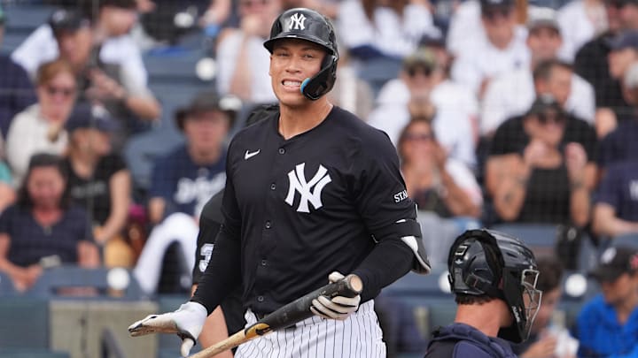 Mar 10, 2025; Tampa, Florida, USA; New York Yankees outfielder Aaron Judge (99) reacts after striking out against the Detroit Tigers during the third inning at George M. Steinbrenner Field. 