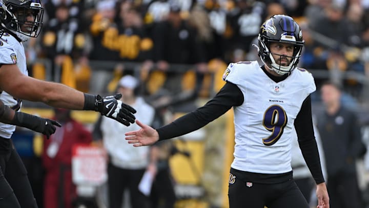 Nov 17, 2024; Pittsburgh, Pennsylvania, USA; PBaltimore Ravens place kicker Justin Tucker (9) celebrates a 54 yard filed goal against the Pittsburgh Steelers during the third quarter at Acrisure Stadium. Mandatory Credit: Barry Reeger-Imagn Images