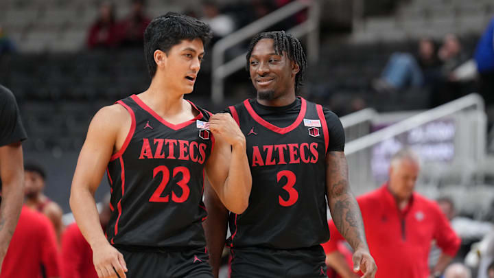 San Diego State Aztecs guards Kimo Ferrari (23) and Wayne McKinney III (3). San Diego State Aztecs guards Kimo Ferrari (23) and Wayne McKinney III (3).