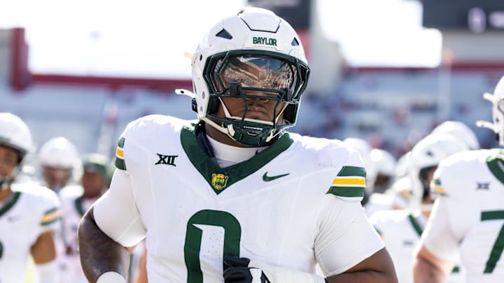 Nov 22, 2025; Tucson, Arizona, USA; Baylor Bears defensive lineman Jackie Marshall (0) against the Arizona Wildcats at Casino Del Sol Stadium. Mandatory Credit: Mark J. Rebilas-Imagn Images