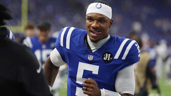 Oct 5, 2025; Indianapolis, Indiana, USA; Indianapolis Colts quarterback Anthony Richardson (5) walks off the field after their win against the Las Vegas Raiders at Lucas Oil Stadium. Mandatory Credit: Trevor Ruszkowski-Imagn Images