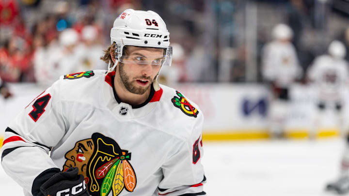 Mar 13, 2025; San Jose, California, USA; Chicago Blackhawks left wing Landon Slaggert (84) warms up before the game against the San Jose Sharks at SAP Center at San Jose. Mandatory Credit: Bob Kupbens-Imagn Images