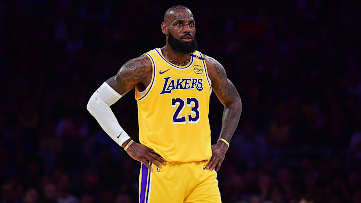 Apr 30, 2025; Los Angeles, California, USA; Los Angeles Lakers forward LeBron James (23) reacts during the first half in game five of first round for the 2025 NBA Playoffs at Crypto.com Arena. Mandatory Credit: Gary A. Vasquez-Imagn Images