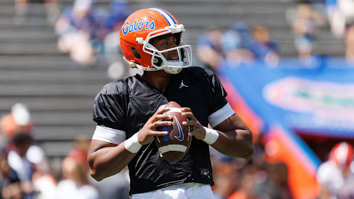 Florida Gators quarterback DJ Lagway (2) looks to throw before the game at Ben Hill Griffin Stadium. Florida Gators quarterback DJ Lagway (2) looks to throw before the game at Ben Hill Griffin Stadium.