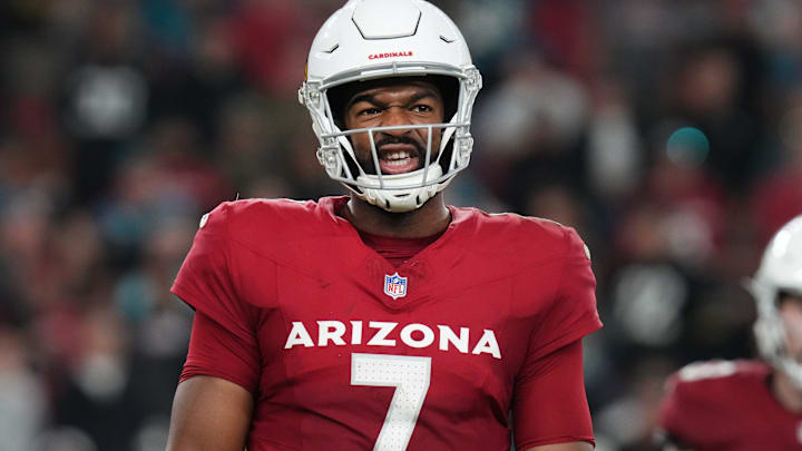 Arizona Cardinals quarterback Jacoby Brissett (7) looks back to the bench for a play call during their game against the Jacksonville Jaguars at State Farm Stadium on Nov. 23, 2025. Arizona Cardinals quarterback Jacoby Brissett (7) looks back to the bench for a play call during their game against the Jacksonville Jaguars at State Farm Stadium on Nov. 23, 2025.