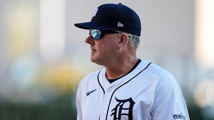 Detroit Tigers manager A.J. Hinch (14) walks off the field for pitching change against Cleveland Guardians during the seventh inning at Game 3 of ALDS at Comerica Park in Detroit on Wednesday, Oct. 9, 2024.