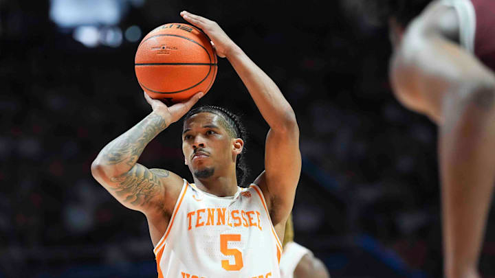 Tennessee's Zakai Zeigler (5) takes a foul shot during a men’s college basketball game between Tennessee and South Carolina at Thompson-Boling Arena at Food City Center, Saturday, March 8, 2025.