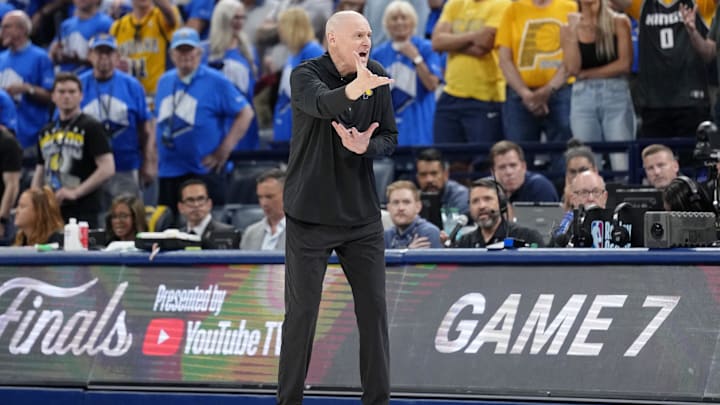 Jun 22, 2025; Oklahoma City, Oklahoma, USA; Indiana Pacers head coach Rick Carlisle reacts after a call following a play against the Oklahoma City Thunder during the second half of game seven of the 2025 NBA Finals at Paycom Center. Mandatory Credit: Kyle Terada-Imagn Images