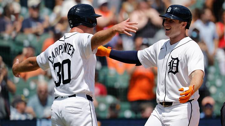 Detroit Tigers third baseman Colt Keith (33) receives congratulations from right fielder Kerry Carpenter (30) after he hits a two-run home run. Detroit Tigers third baseman Colt Keith (33) receives congratulations from right fielder Kerry Carpenter (30) after he hits a two-run home run.