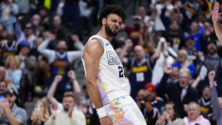 Apr 29, 2025; Denver, Colorado, USA; Denver Nuggets guard Jamal Murray (27) reacts after a steal and basket in the fourth quarter against the LA Clippers during game five of the first round for the 2025 NBA Playoffs at Ball Arena. Mandatory Credit: Ron Chenoy-Imagn Images