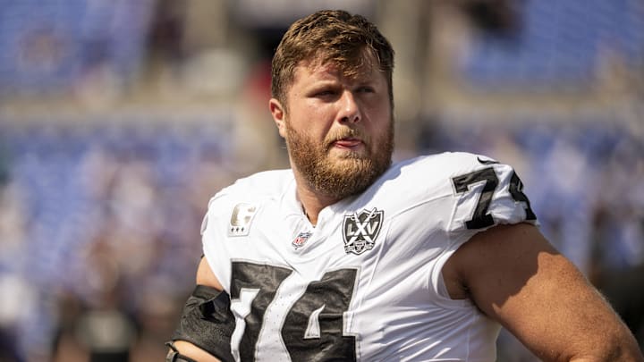Sep 15, 2024; Baltimore, Maryland, USA;  Las Vegas Raiders offensive tackle Kolton Miller (74) before the game against the Baltimore Ravens at M&T Bank Stadium. Mandatory Credit: Tommy Gilligan-Imagn Images
