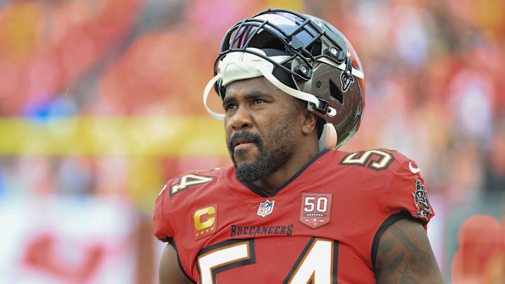 Dec 7, 2025; Tampa, Florida, USA; Tampa Bay Buccaneers linebacker Lavonte David (54) stands on the sidelines during the first quarter against the New Orleans Saints at Raymond James Stadium. Mandatory Credit: Kim Klement Neitzel-Imagn Images