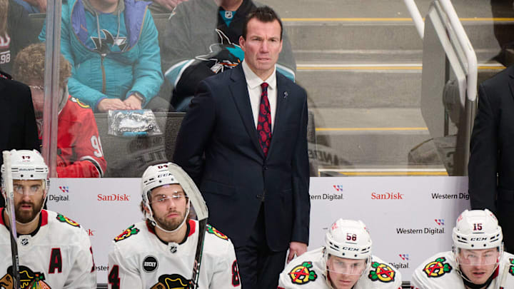 Mar 23, 2024; San Jose, California, USA; Chicago Blackhawks head coach Luke Richardson watches game play against the San Jose Sharks during the third period at SAP Center at San Jose. Mandatory Credit: Robert Edwards-Imagn Images