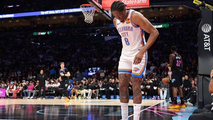 Jan 17, 2026; Miami, Florida, USA; Oklahoma City Thunder guard Jalen Williams (8) grabs the back of his right leg after a play against the Miami Heat during the second quarter at Kaseya Center. Mandatory Credit: Sam Navarro-Imagn Images Jan 17, 2026; Miami, Florida, USA; Oklahoma City Thunder guard Jalen Williams (8) grabs the back of his right leg after a play against the Miami Heat during the second quarter at Kaseya Center. Mandatory Credit: Sam Navarro-Imagn Images