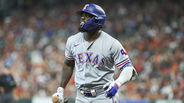 Apr 14, 2024; Houston, Texas, USA; Texas Rangers right fielder Adolis Garcia (53) reacts after Apr 14, 2024; Houston, Texas, USA; Texas Rangers right fielder Adolis Garcia (53) reacts after