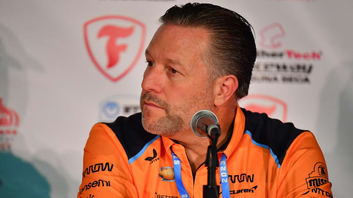 Sep 8, 2023; Salinas, California, USA; McLaren Racing chief executive officer Zak Brown speaks  to announce  driver David Malukas (18) move to Arrow McLaren Racing for the 2024 season before free practice at WeatherTech Raceway Laguna Seca. Mandatory Credit: Gary A. Vasquez-USA TODAY Sports