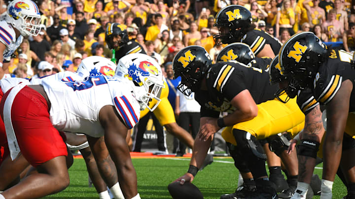 Sep 6, 2025; Columbia, Missouri, USA; A shot from the line of scrimmage during the second half of the Border War between the Missouri Tigers and Kansas Jayhawks at Faurot Field at Memorial Stadium. Sep 6, 2025; Columbia, Missouri, USA; A shot from the line of scrimmage during the second half of the Border War between the Missouri Tigers and Kansas Jayhawks at Faurot Field at Memorial Stadium.