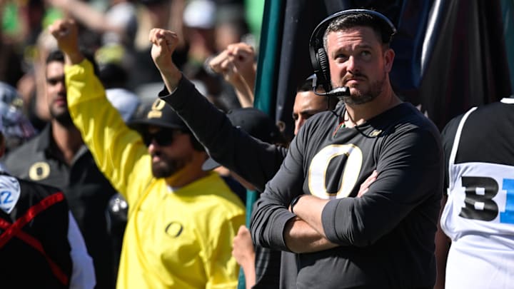 Sep 20, 2025; Eugene, Oregon, USA; Oregon Ducks head coach Dan Lanning looks on during the fourth quarter of the game against the Oregon State Beavers at Autzen Stadium. Mandatory Credit: Troy Wayrynen-Imagn Images