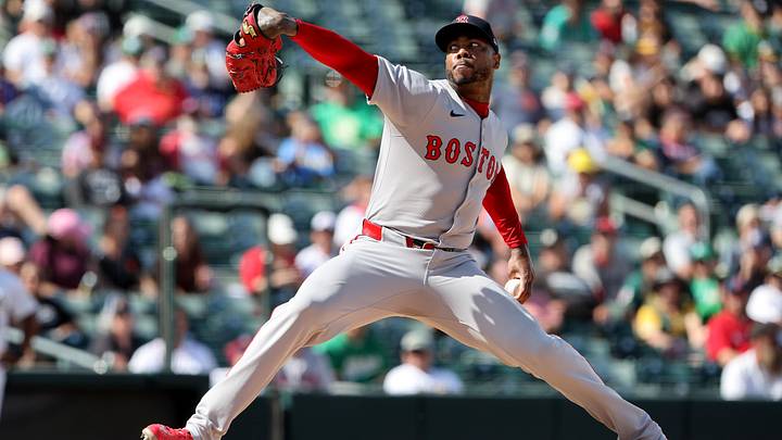 Sep 10, 2025; West Sacramento, California, USA; Boston Red Sox pitcher Aroldis Chapman (44) throws a pitch against the Athletics during the ninth inning at Sutter Health Park. Mandatory Credit: Dennis Lee-Imagn Images