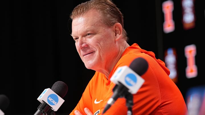 Apr 2, 2026; Indianapolis, IN, USA; Illinois head coach Brad Underwood during a press conference ahead of the Final Four of the men's 2026 NCAA Tournament at Lucas Oil Stadium. Mandatory Credit: Robert Deutsch-Imagn Images