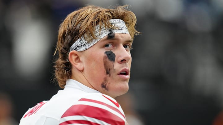 Dec 28, 2025; Paradise, Nevada, USA; New York Giants quarterback Jaxson Dart (6) looks on during the first quarter against the Las Vegas Raiders at Allegiant Stadium. Mandatory Credit: Stephen R. Sylvanie-Imagn Images
