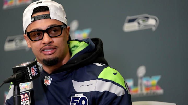 Seattle Seahawks wide receiver Jaxon Smith-Njigba (11) speaks to the media.