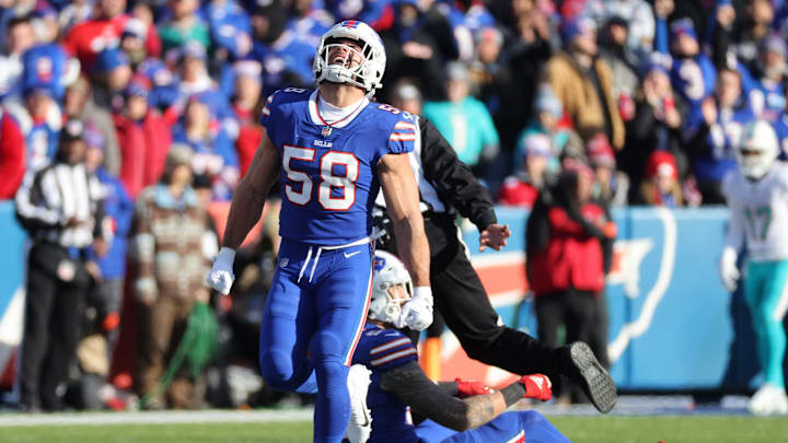 Bills linebacker Matt Milano celebrates one of four sacks of Miami   s Skylar Thompson.