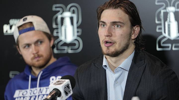 May 5, 2025; Toronto, Ontario, CAN; Toronto Maple Leafs forward Matthew Knies (right) and forward William Nylander (left) during a post game press conference following game one in the second round of the 2025 Stanley Cup Playoffs against the Florida Panthers at Scotiabank Arena. Mandatory Credit: John E. Sokolowski-Imagn Images