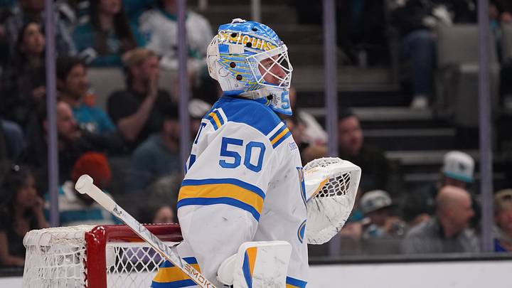 Mar 6, 2026; San Jose, California, USA; St. Louis Blues goalie Jordan Binnington (50) waits for the puck during a game against the San Jose Sharks in the second period at SAP Center in San Jose. Mandatory Credit: David Gonzales-Imagn Images