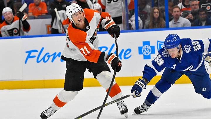 Oct 5, 2026; Tampa, Florida, USA;  Philadelphia Flyers right wing Tyson Foerster (71) takes a shot during the second period against Tampa Bay Lightning center Jake Guentzel (59) at Benchmark International Arena.