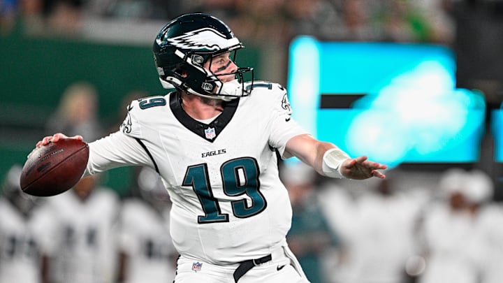 Aug 22, 2025; East Rutherford, New Jersey, USA; Philadelphia Eagles quarterback Kyle McCord (19) looks to pass the ball during the first quarter against the New York Jets at MetLife Stadium. Mandatory Credit: Mark Smith-Imagn Images Aug 22, 2025; East Rutherford, New Jersey, USA; Philadelphia Eagles quarterback Kyle McCord (19) looks to pass the ball during the first quarter against the New York Jets at MetLife Stadium. Mandatory Credit: Mark Smith-Imagn Images