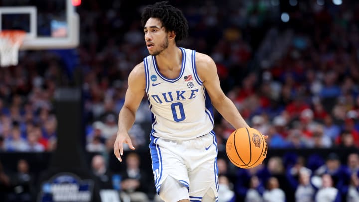Mar 31, 2024; Dallas, TX, USA; Duke Blue Devils guard Jared McCain (0) controls the ball in the first half against the North Carolina State Wolfpack in the finals of the South Regional of the 2024 NCAA Tournament at American Airline Center. Mandatory Credit: Kevin Jairaj-USA TODAY Sports