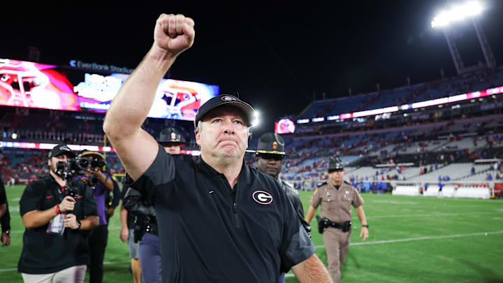 Nov 1, 2025; Jacksonville, Florida, USA; Georgia Bulldogs head coach Kirby Smart celebrates after the game against the Florida Gators at EverBank Stadium. Mandatory Credit: Matt Pendleton-Imagn Images