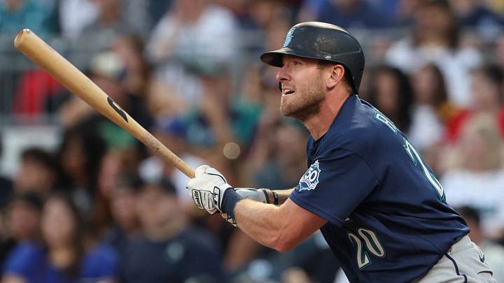 Jun 23, 2026; Pittsburgh, Pennsylvania, USA; Seattle Mariners right fielder Luke Raley (20) hits a double against the Pittsburgh Pirates during the seventh inning at PNC Park. Mandatory Credit: Charles LeClaire-Imagn Images Jun 23, 2026; Pittsburgh, Pennsylvania, USA; Seattle Mariners right fielder Luke Raley (20) hits a double against the Pittsburgh Pirates during the seventh inning at PNC Park. Mandatory Credit: Charles LeClaire-Imagn Images