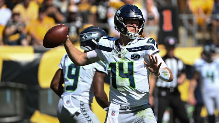 Sep 14, 2025; Pittsburgh, Pennsylvania, USA; Seattle Seahawks quarterback Sam Darnold (14) throws a pass against the Pittsburgh Steelers during the second half at Acrisure Stadium. Mandatory Credit: Barry Reeger-Imagn Images
