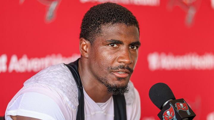 Jul 31, 2025; Tampa, FL, USA; Tampa Bay Buccaneers running back Rachaad White (1) talks to media after training camp at AdventHealth Training Center. Mandatory Credit: Nathan Ray Seebeck-Imagn Images