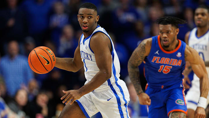 Jan 4, 2025; Lexington, Kentucky, USA; Kentucky Wildcats guard Lamont Butler (1) brings the ball up court during the second half against the Florida Gators at Rupp Arena at Central Bank Center. Mandatory Credit: Jordan Prather-Imagn Images