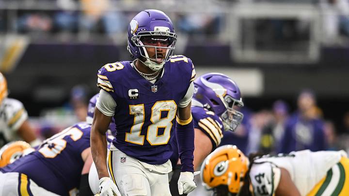 Jan 4, 2026; Minneapolis, Minnesota, USA; Minnesota Vikings wide receiver Justin Jefferson (18) in action during the game against the Green Bay Packers at U.S. Bank Stadium. Jan 4, 2026; Minneapolis, Minnesota, USA; Minnesota Vikings wide receiver Justin Jefferson (18) in action during the game against the Green Bay Packers at U.S. Bank Stadium.