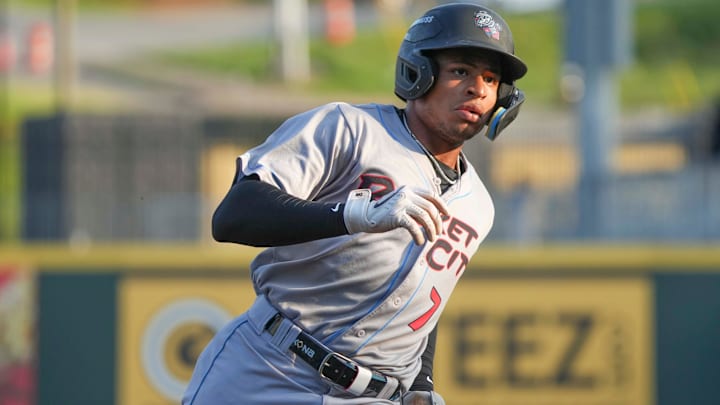 Rocket City infielder Christian Moore (7) runs during a minor league baseball game between the Knoxville Smokies and Rocket City Trash Pandas at Covenant Health Park on April 29, 2025. The Knoxville Smokies won 9-6 against the Rocket City Trash Pandas.