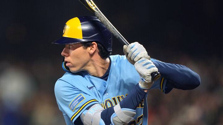 Jul 27, 2026; San Francisco, California, USA; Milwaukee Brewers designated hitter Christian Yelich (22) bats against the San Francisco Giants during the ninth inning at Oracle Park. Mandatory Credit: Darren Yamashita-Imagn Images Jul 27, 2026; San Francisco, California, USA; Milwaukee Brewers designated hitter Christian Yelich (22) bats against the San Francisco Giants during the ninth inning at Oracle Park. Mandatory Credit: Darren Yamashita-Imagn Images