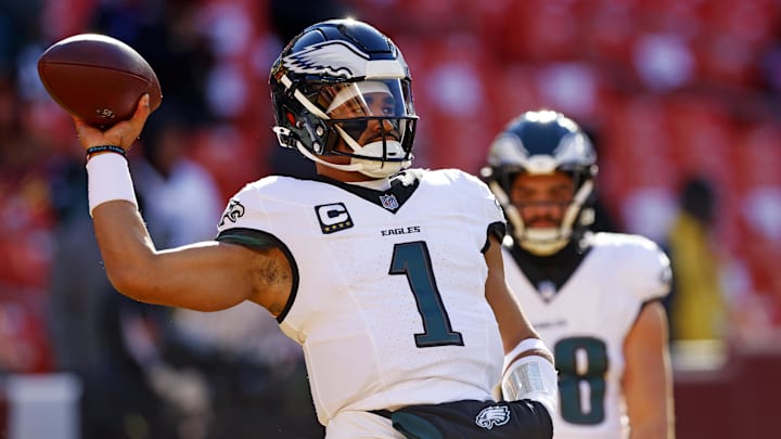 Dec 22, 2024; Landover, Maryland, USA; Philadelphia Eagles quarterback Jalen Hurts (1) warms up before the game against the Washington Commanders at Northwest Stadium. Mandatory Credit: Peter Casey-Imagn Images