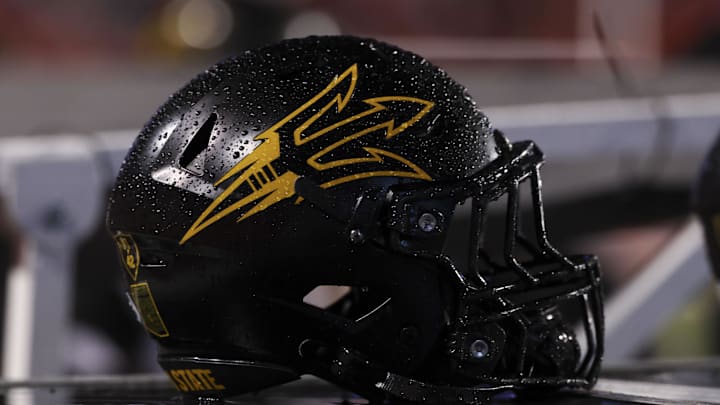 Oct 11, 2025; Salt Lake City, Utah, USA; A general view of the helmet worn by the Arizona State Sun Devils during the game against the Utah Utes at Rice-Eccles Stadium. Mandatory Credit: Rob Gray-Imagn Images Oct 11, 2025; Salt Lake City, Utah, USA; A general view of the helmet worn by the Arizona State Sun Devils during the game against the Utah Utes at Rice-Eccles Stadium. Mandatory Credit: Rob Gray-Imagn Images