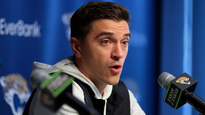 Jacksonville Jaguars general manager James Gladstone speaks during a press conference at the Miller Electric Center, Wednesday, Jan. 14, 2026, in Jacksonville, Fla.