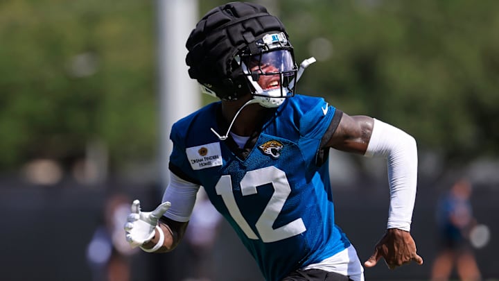 Jacksonville Jaguars wide receiver Travis Hunter (12) runs after an NFL training camp session at the Miller Electric Center, Sunday, Aug. 3, 2025, in Jacksonville, Fla. [Corey Perrine/Florida Times-Union]